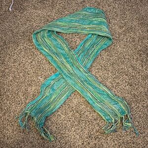 Multi color scarf top. Blue green silver scarf with tassels.